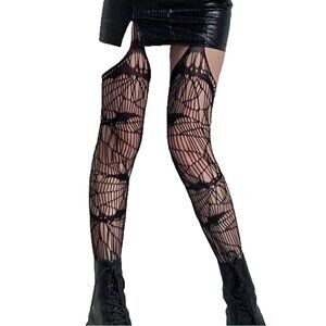Black Fishnet Tights Suspender Holes Ripped Distressed Spiderweb Holey Stirrup